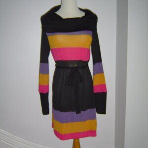 MONTEAU COWL NECK KNIT STRIPED DRESS L NWT